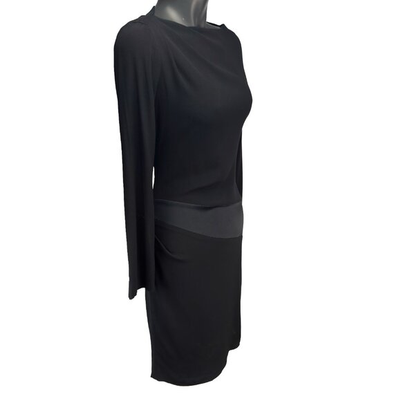VANESSA BRUNO Draped Sheath Satin Band Long Sleeve Boat Neck Black Midi Dress 38 - Picture 8 of 11